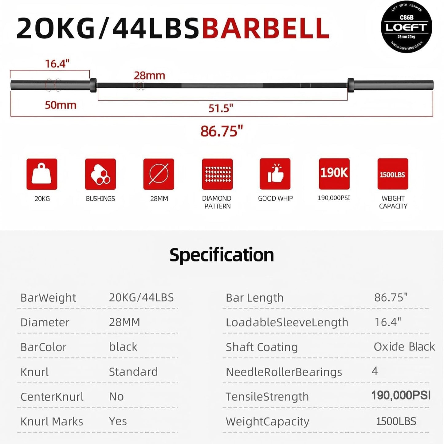 Olympic Barbell 7Ft, Barbell for Weightlifting and Powerlifting 45Lb, Olympic Bar for 1500Lbs Capacity, Weight Bar Fit 2” Standard Weights (Fully Black, 7Ft)