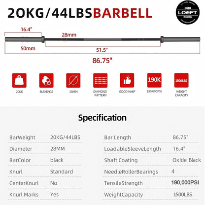 Olympic Barbell 7Ft, Barbell for Weightlifting and Powerlifting 45Lb, Olympic Bar for 1500Lbs Capacity, Weight Bar Fit 2” Standard Weights (Fully Black, 7Ft)