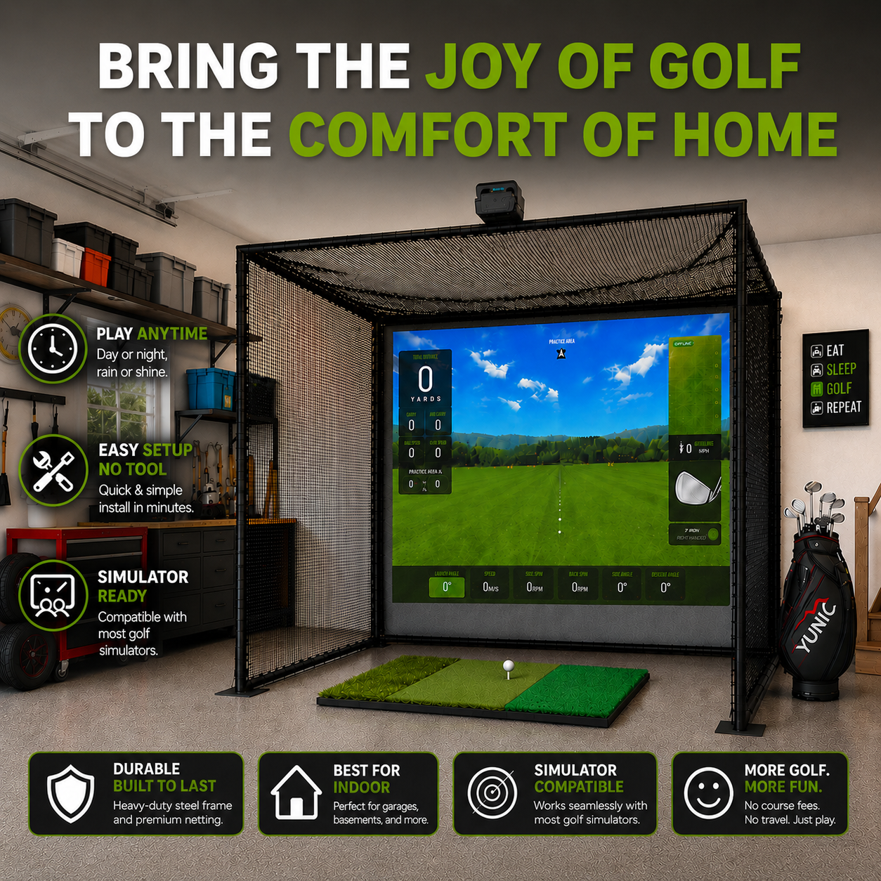 YUNIC Golf Driving Cage with Metal Frame and Simulator Impact Screen