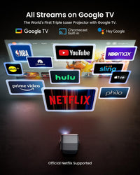 N1S Ultra 4K Triple Laser Projector with Wifi and Bluetooth, 2800 ISO Lumens, Google TV, 360° Sensorless Picture Correction, 300", HDR10, 20W Dolby Digital Plus, 3D-Active, Smart and Portable