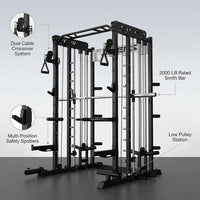 Smith Machine for Home Gym,2000Lbs Multi-Function Power Cage with Cable Crossover System, Squat Rack with Smith Bar and More Attachment — infographic