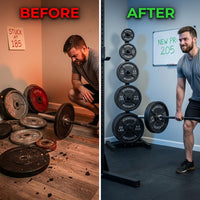 Steel Weight Plates 85LB Set - 2 Inch Center Premium Coating 2X 25Lb, 10Lb, 5Lb, and 2.5Lb for Weight Lifting Barbells — Before & After