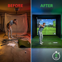5-Minute Setup Golf Simulator Enclosure with HUB Frame, HD Impact Screen &amp; Golf Hitting Mat — Before & After