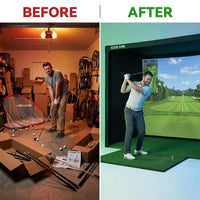 5-Minute Setup Golf Simulator Enclosure with HUB Frame, HD Impact Screen &amp; Golf Hitting Mat — Before & After