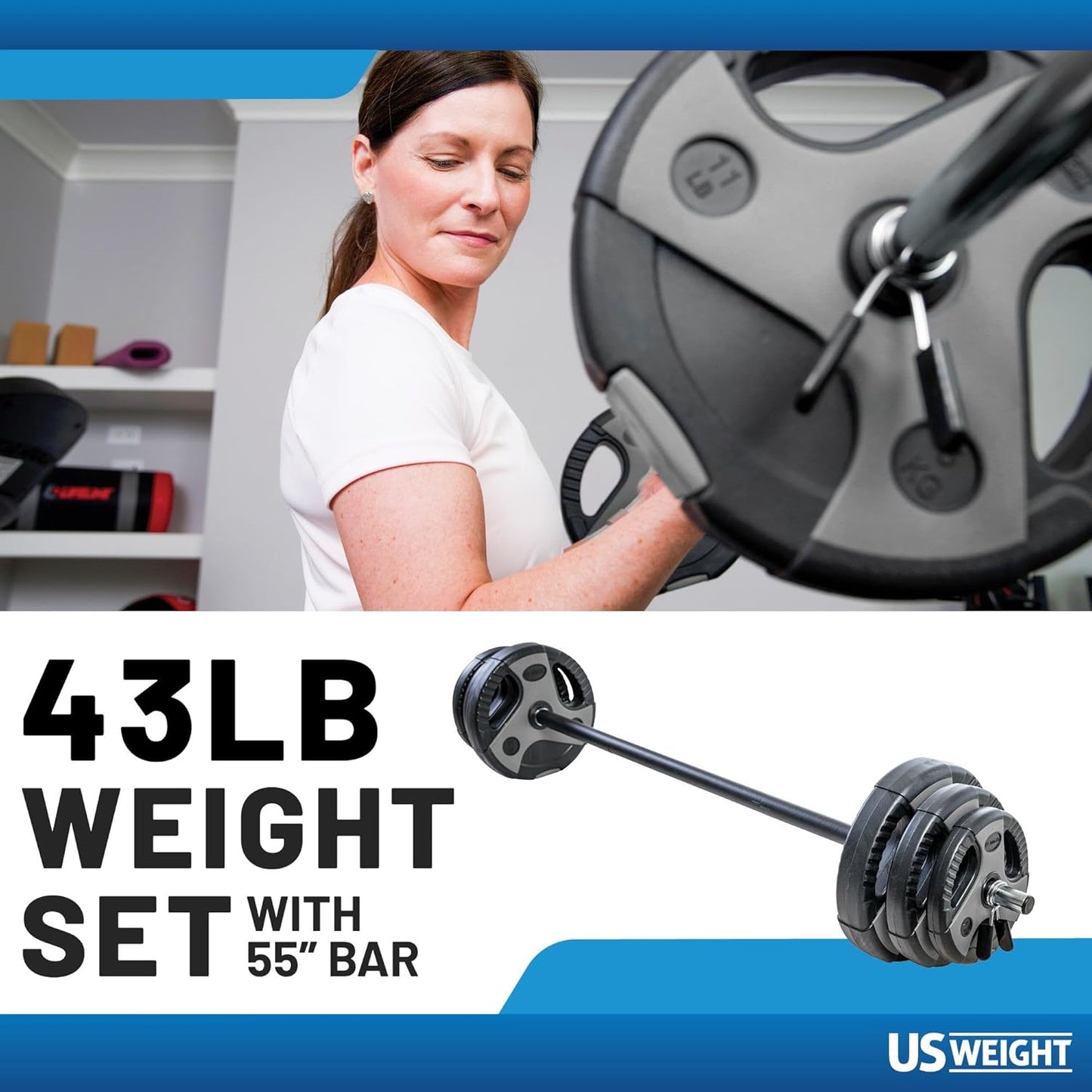 43 LB Barbell Weight Set for Home Gym with 55” Padded Bar, Adjustable Weights for Exercise, Lifting and to Build Muscle