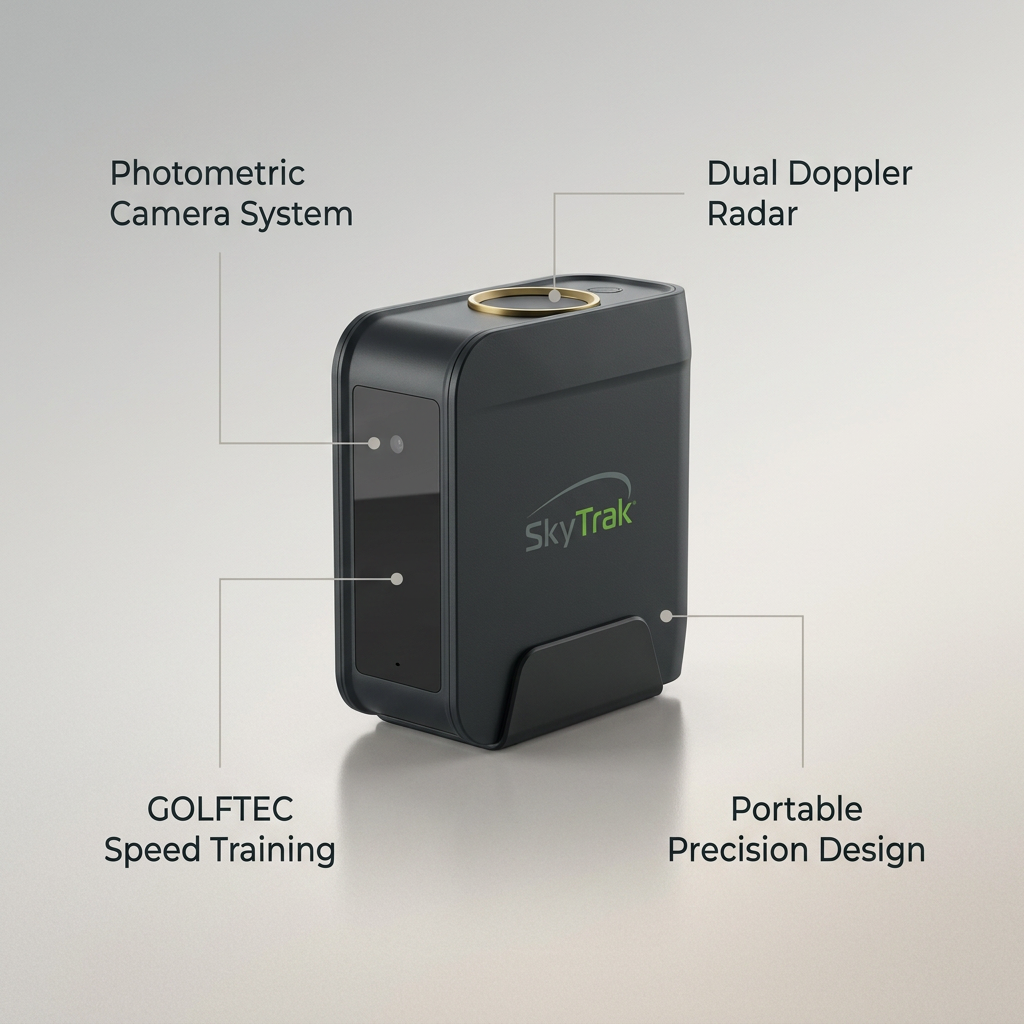Golf Launch Monitor Built for Practice Anywhere, Dual Doppler Radar, Photometric Cameras, GOLFTEC Training — infographic