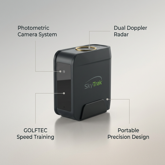 Golf Launch Monitor Built for Practice Anywhere, Dual Doppler Radar, Photometric Cameras, GOLFTEC Training — infographic