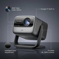 JMGO N1S 4K Portable Projector with RGB Triple Laser Optics, Google TV &amp; Intelligent Auto Adjustment — infographic