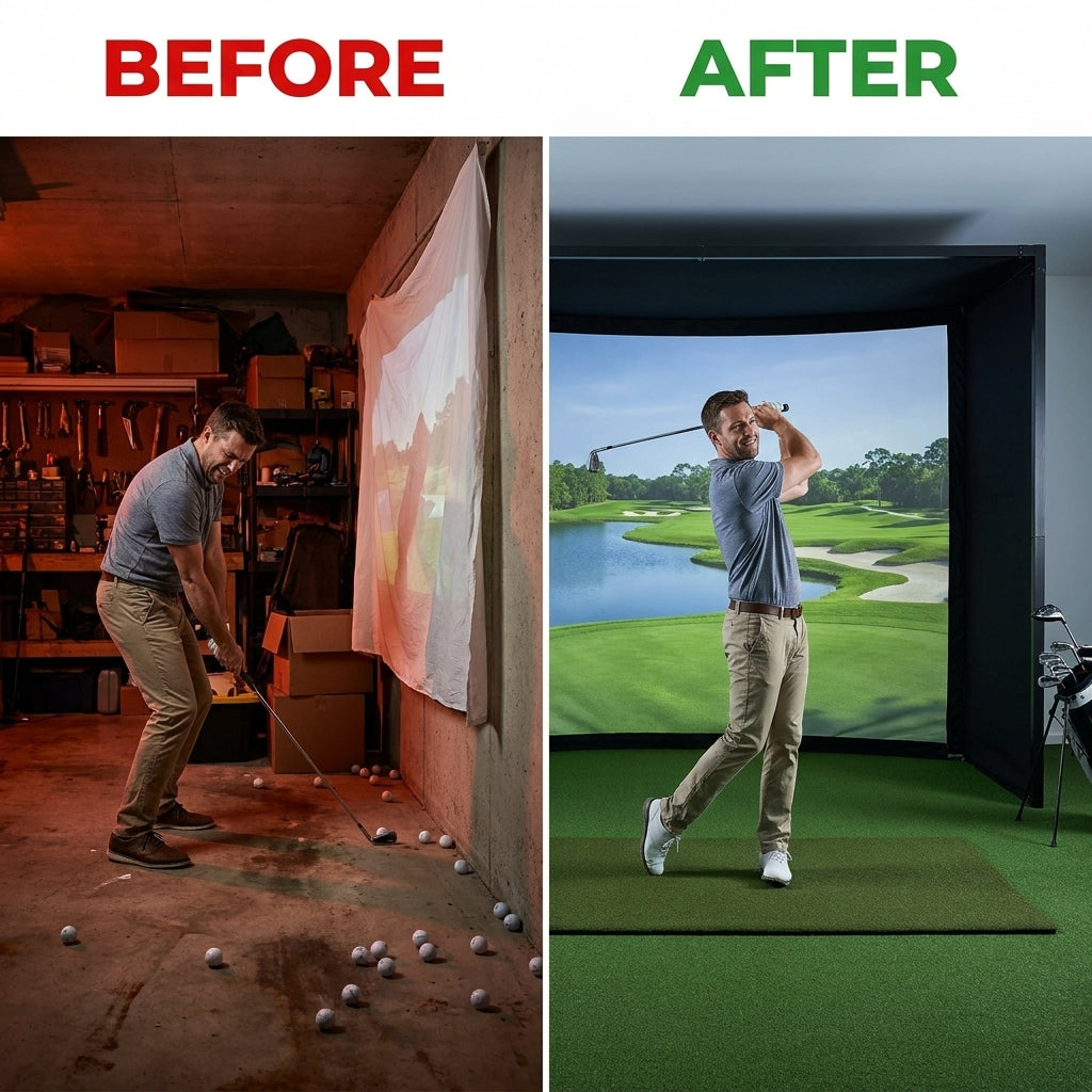 KHAMPA Golf Simulator Enclosure Kit with Premium Impact Screen, Black Surrounds &amp; DIY Frame System — Before & After