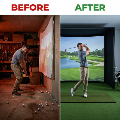 KHAMPA Golf Simulator Enclosure Kit with Premium Impact Screen, Black Surrounds &amp; DIY Frame System — Before & After