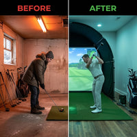 KHAMPA Golf Simulator Enclosure Kit with Premium Impact Screen, Black Surrounds &amp; DIY Frame System — Before & After