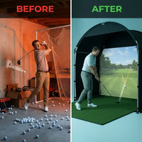 KHAMPA Golf Simulator Enclosure Kit with Premium Impact Screen, Black Surrounds &amp; DIY Frame System — Before & After