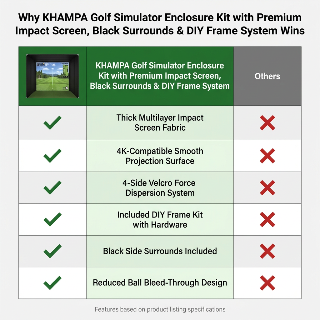 KHAMPA Golf Simulator Enclosure Kit with Premium Impact Screen, Black Surrounds &amp; DIY Frame System — Comparison
