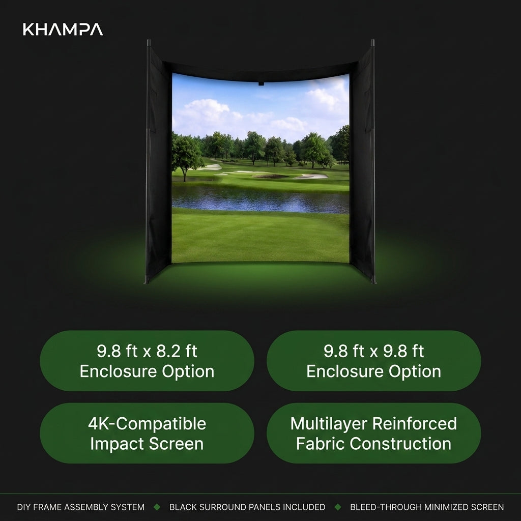 KHAMPA Golf Simulator Enclosure Kit with Premium Impact Screen, Black Surrounds &amp; DIY Frame System — Results & Stats