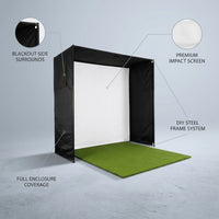 KHAMPA Golf Simulator Enclosure Kit with Premium Impact Screen, Black Surrounds &amp; DIY Frame System — infographic