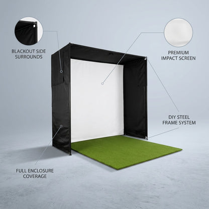 KHAMPA Golf Simulator Enclosure Kit with Premium Impact Screen, Black Surrounds &amp; DIY Frame System — infographic