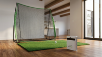 SkyTrak+ Portable Golf Sim Studio with SKYTRAK+ Launch Monitor, 10x7 Net &amp; Interlocking 5x3 Golf Hitting Mat — Lifestyle