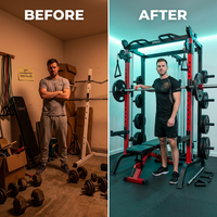 Smith Machine for Home Gym,2000Lbs Multi-Function Power Cage with Cable Crossover System, Squat Rack with Smith Bar and More Attachment — Before & After