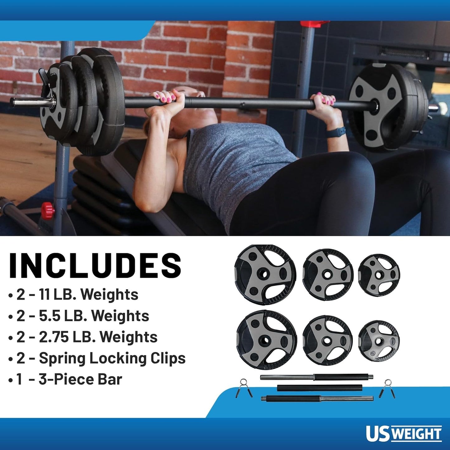 43 LB Barbell Weight Set for Home Gym with 55” Padded Bar, Adjustable Weights for Exercise, Lifting and to Build Muscle
