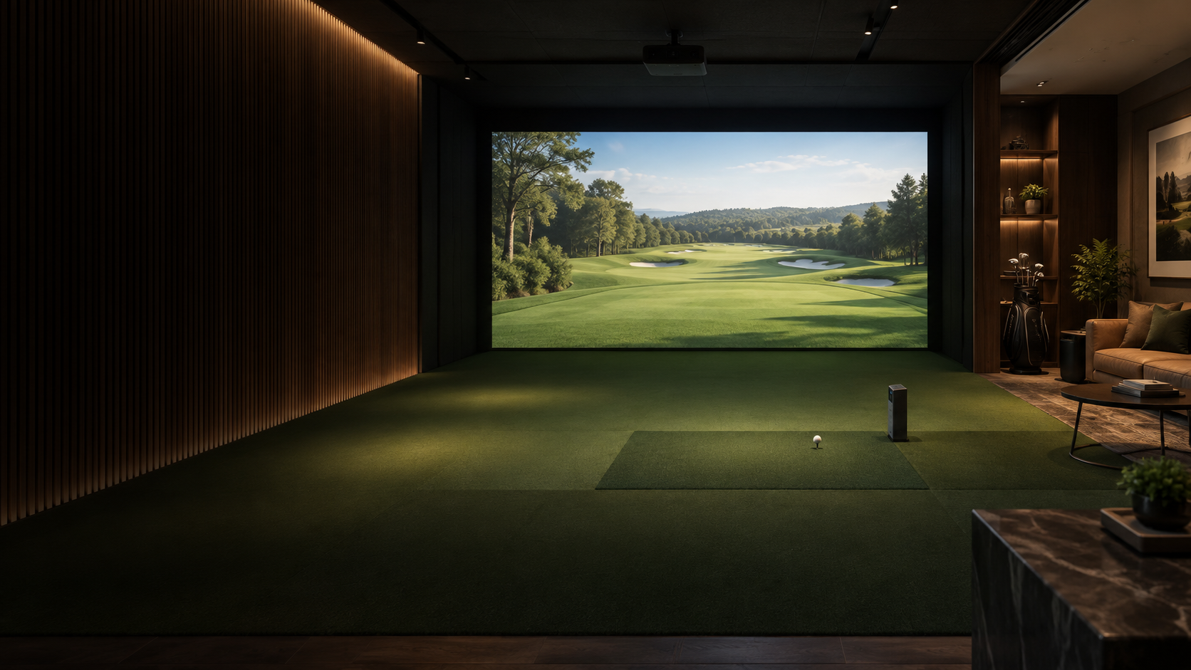 Architectural concept of a private golf simulator room with a fairway screen, walnut walls and a lounge